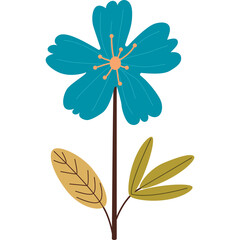 Stylized Teal Blue Flower With Peach Center And Brown Stem Featuring Two Yellow Green Leaves On Transparent Background