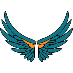 Stylized Teal and Orange Feathered Wings Spread Open Against White Background with Clean Lines and Simple Design
