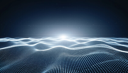 White Digital Waveform Landscape with Bright Light Source on Horizon abstract background