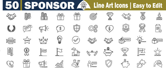 Sponsor Line Art Icons: Partnership, Support, Donation, Funding, Assistance, Contribution, Collaboration, Charity, Aid Symbols Vector Set.