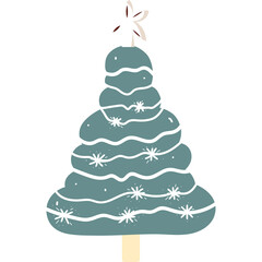 Stylized Teal Christmas Tree with White Star on Top and Twinkling Snowflakes on a Transparent Background
