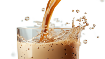 Creamy brown liquid splashing into glass isolated on a transparent background