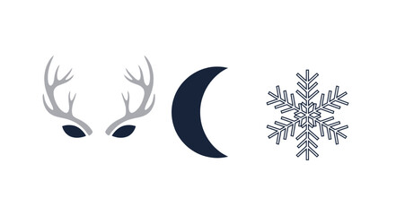 Fototapeta premium A minimalist graphic set of winter icons featuring reindeer antlers, a crescent moon, and a snowflake.
