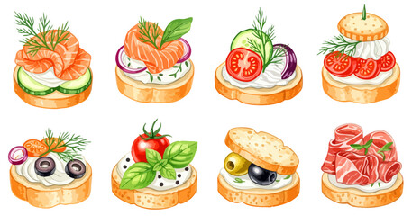 様々な具材のブルスケッタ・オープンサンドのセット（サーモン・トマト・生ハム）,イタリアン,前菜,軽食,水彩,リアル