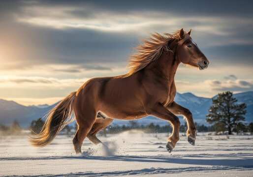 Wild horse galloping through snowy plain