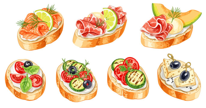 ブルスケッタとオープンサンドのセット（生ハム・サーモン・カプレーゼ風）,イタリアン,前菜,軽食,水彩,リアル