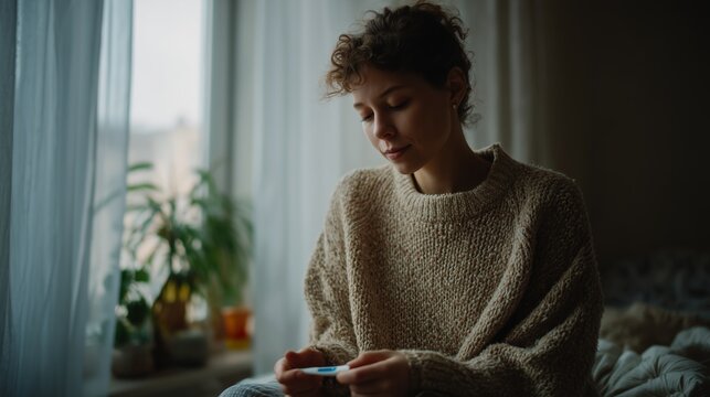A thoughtful woman in cozy sweater holds a pregnancy test, pondering results by a softly lit window with plants.