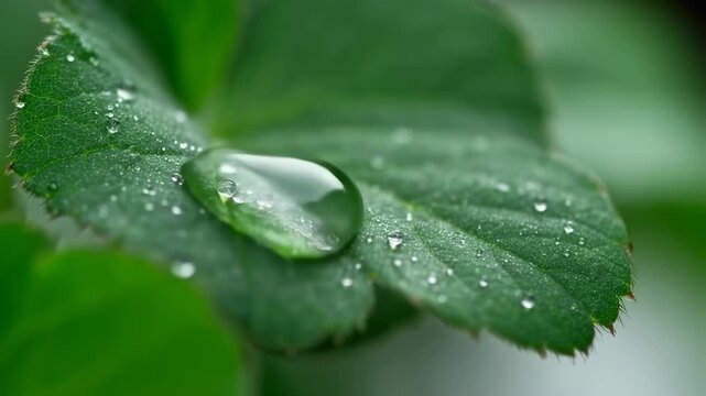 Close-up of a green leaf covered in water droplets
