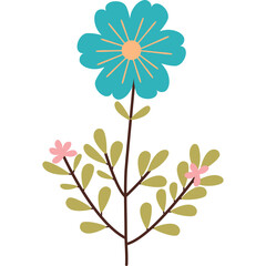Stylized Teal Flower With Pink Blossoms And Green Leaves On A Transparent Background