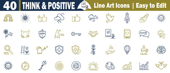Positivity Symbols Collection Forty Line Art Icons for Optimism, Success, and Well Being Editable Vector Graphics Set.