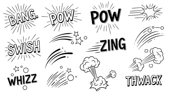 Comic Book Sound Effects and Action Lines Collection - Explosions, Motion, and Speech Bubbles