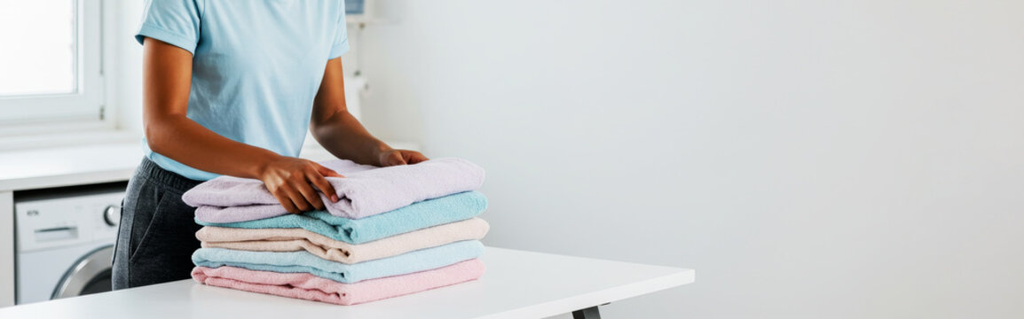 Woman stacking fresh clean towels after laundry day. Household chore and home care concept. Organization and tidiness background.