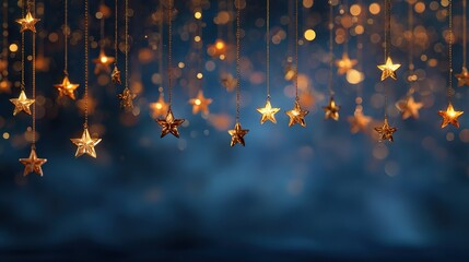 Dark blue background with golden stars hanging on strings, bokeh blur effect creating magical Christmas atmosphere for social media banners, web decorations, and festive celebrations.