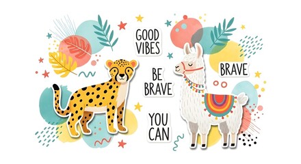 Obraz premium Cheetah and Llama Illustration with Positive Affirmations for Motivation and Well-being