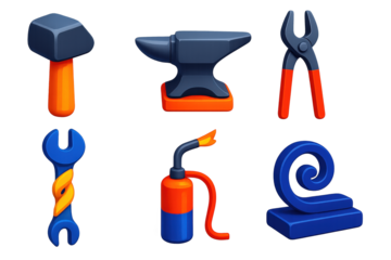 Set of six tools, including a hammer, wrench, and pliers