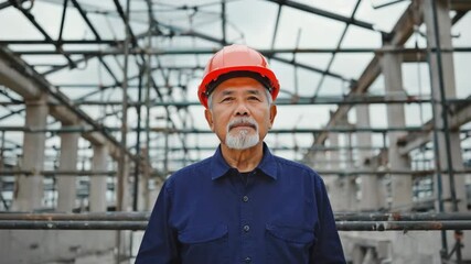 Experienced worker stands proudly at construction site. 4K Video