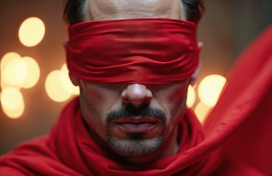 Man face covered by a red blindfold. He wears a red garment with visible facial hair. Warm bokeh lights blur the background, evoking mystery and hidden truth.