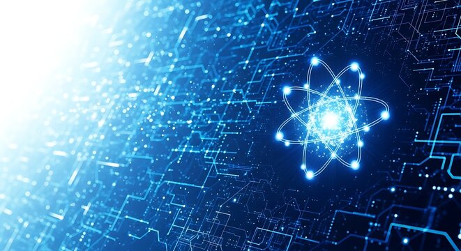 An abstract representation of a quantum computer with glowing atom and circuit board, symbolizing advanced technology and future possibilities