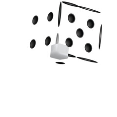 Stylized Three Dimensional Representation of a White Cube with Black Dots Arranged on a Transparent Background