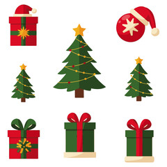 Essential Christmas and Winter Holiday Symbols Collection featuring Decorated Tree, Gingerbread House, Santa Claus, Reindeer, Stacked Gifts, Fireplace, Candy Cane, Bell, and Lights