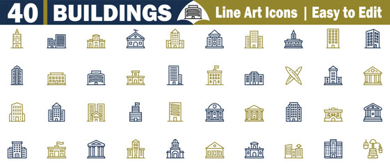 Building Icon Set Vector Illustration with Line Art Style of Modern Architecture, Skyscraper, Tower, Courthouse, and Urban Cityscape Elements for Design elements. 