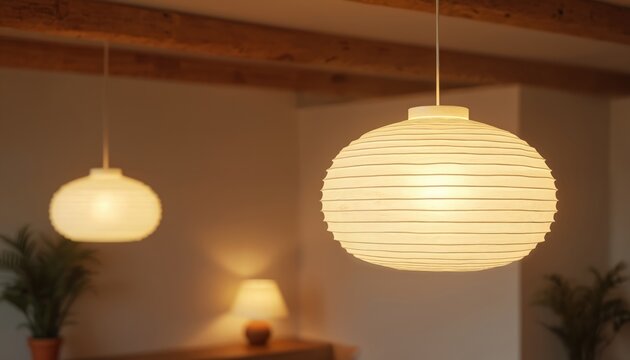 Two white paper pendant lamps hang from a wooden ceiling beam, casting warm golden light. Minimalist interior decor with plants creates a cozy ambiance. Soft illumination fills the room.