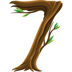 Stylized Tree Number Seven With Green Leaves Against A Transparent Background