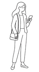 スマートフォンをチェックする女性の線画イラスト｜お出かけ・情報収集・移動中の様子