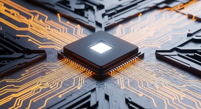 A closeup of a central processing unit cpu on a circuit board, highlighting the intricate network of connections and the core of modern computing