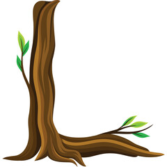 Stylized Tree Trunk Letter L Formed From Brown Bark With Green Leaves And Branches On A White Transparent Background