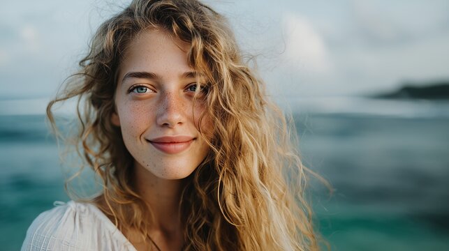 Portrait of a smiling woman with curly blonde hair, enjoying a serene moment by the ocean.
