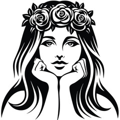 Young woman with a rose flower crown rests her chin on her hands
