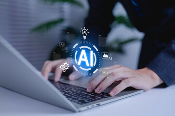 AI technology concept showing artificial intelligence icons, data processing, and digital innovation while a person works on a laptop, representing automation, machine learning, and smart solutions.