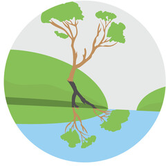 Stylized tree with green leaves reflecting in calm blue water against a soft grey sky and rolling green hills in a circular frame