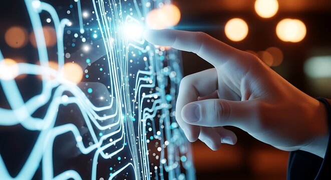 Closeup of a hand touching a digital screen with glowing lines and particles, representing technology, innovation, and the future of connectivity