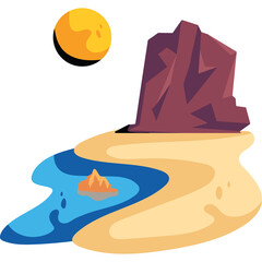 Stylized Tropical Island Landscape With A Large Rocky Outcrop Blue Water Yellow Sand And A Setting Sun Minimalist Art Style