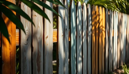 Old wooden fence background with shadows and soft sunlight.