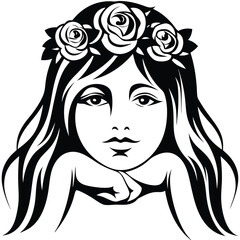 Young woman with flower crown rests chin in hands in black and white