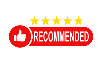 Recommended text with thumbs up with 5 star symbol, Best choice badge for positive feedback. Editable flat style vector design isolated on white background.