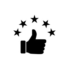 Positive comment icon, Thumb up with 5 stars, Customer satisfaction icon, Rate best service. Editable flat style vector design isolated on white background.