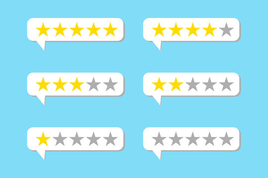 Speech bubble with rating five stars for best excellent services feedback, Stars rating and review icon, One to five star rating icon, review icon set, Customer feedback concept. Flat vector design