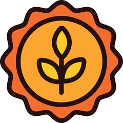 Stylized sun emblem featuring a small green plant sprout with orange and yellow hues on a dark background with a sawtooth edge border symbolizing growth and agriculture represented as a graphic icon