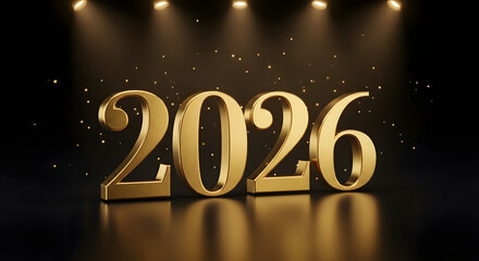Golden 2026 New Year Celebration with Spotlights and Glitter on Black Background