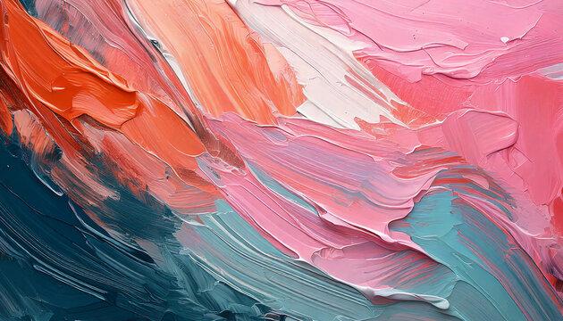 Vibrant abstract painting featuring rich impasto texture and dynamic brushstrokes. A modern artistic expression with flowing pink, orange, and teal hues