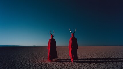 Two hooded figures in red cloaks with antlers stand on a barren landscape under a dark twilight sky.