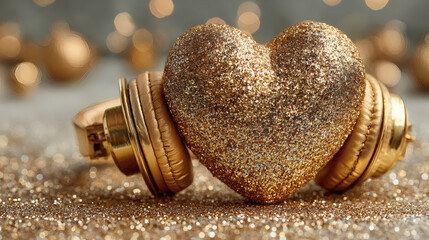 A glittering golden heart wearing modern headphones rests upon frosty ground under warm bokeh lights, creating the dreamy winter evening atmosphere filled featuring warmth and sparkle