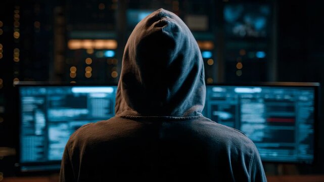 Dark Hacker: Man in Hoodie Extracting Stolen Data Before Attack