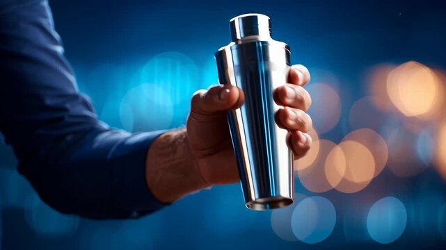 Skillful Bartender Hand Holds Shiny Cocktail Shaker, Showcasing Mixology Expertise in Vibrant Bar Atmosphere with Elegance and Style