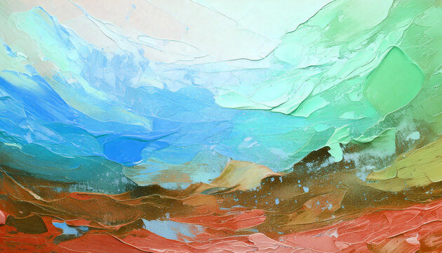 Expressive abstract painting with textured palette knife strokes creating a dynamic landscape of cool blues and warm earth tones - Powered by Adobe