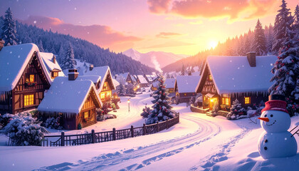 Fototapeta premium escena navideña en un pueblo cubierto de nieve con casas y luces encendidas en las ventanas, al atardecer y anochecer, para felicitaciones de navidad